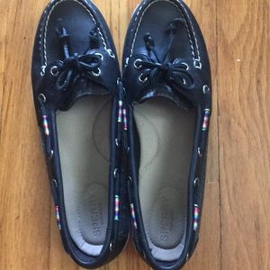 Sperry black leather/canvas boat shoe, 9